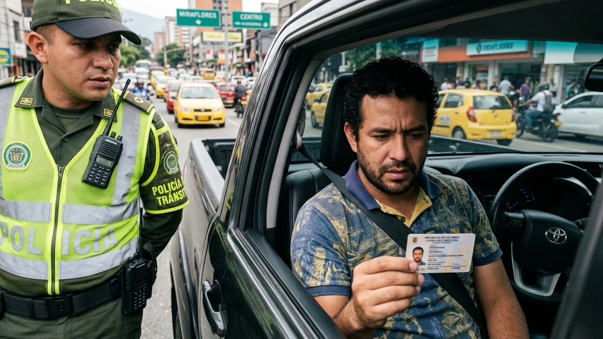 Conductor mostrando su licencia de conducción a agente de tránsito en Colombia