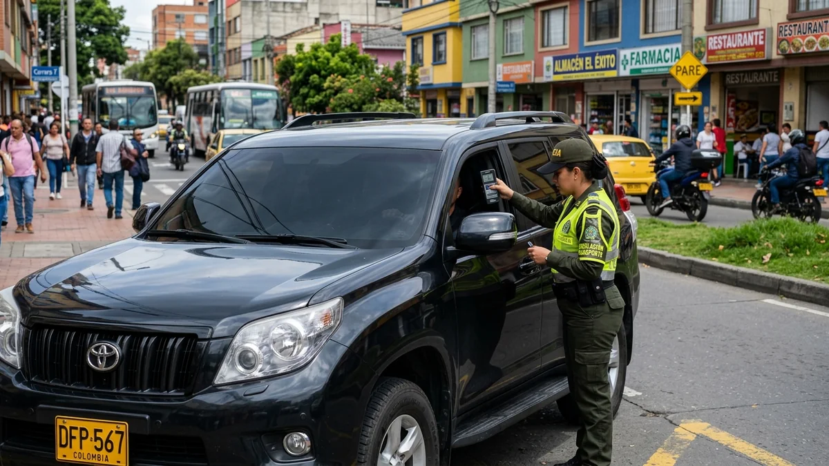 Agente de tránsito midiendo nivel de polarizado con luxómetro en Colombia