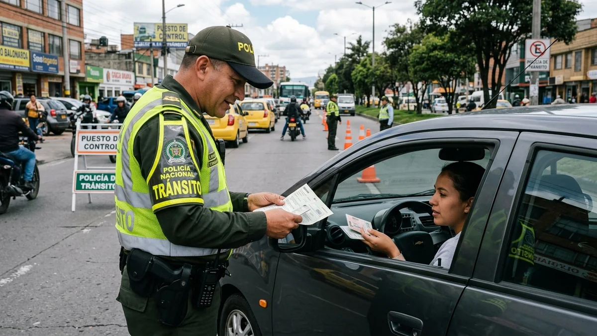 Policía de tránsito verificando el SOAT digital en retén en Colombia