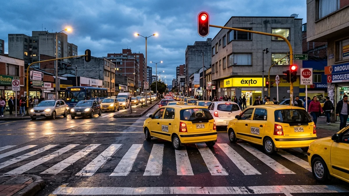 Semáforo en luz roja y cámara de fotomulta en cruce vial en Colombia