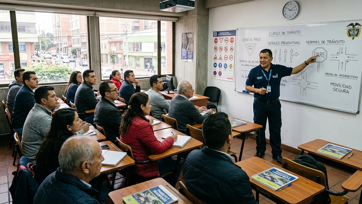 Aula de curso pedagógico CIA de tránsito con instructor en Colombia