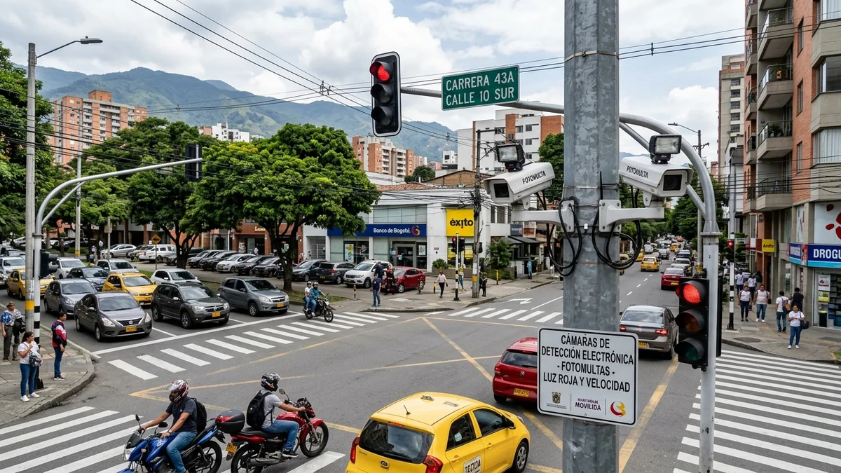 Cámaras de fotomulta en intersección semaforizada detectando SOAT y Tecnomecánica en Colombia