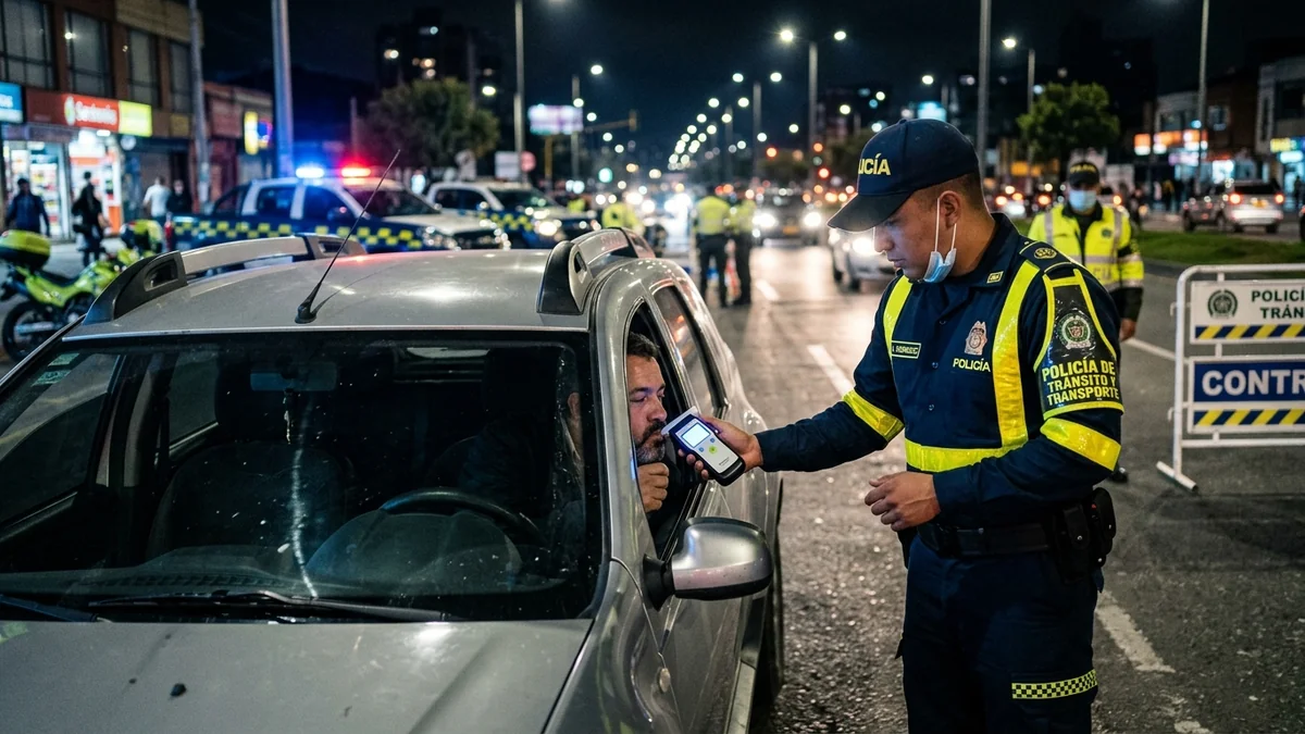 Prueba de alcoholemia con alcosensor en retén de policía de tránsito en Colombia