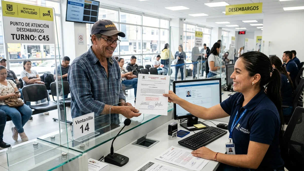 Ciudadano recibiendo oficio oficial de desembargo en taquilla de tránsito en Colombia