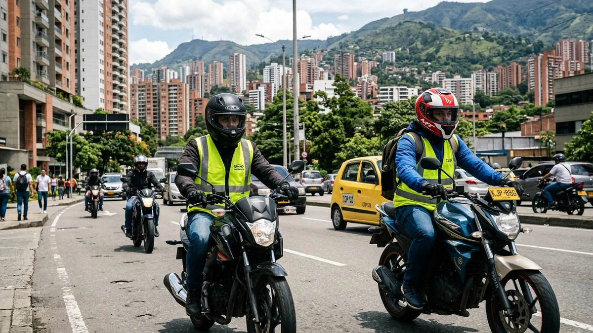 Motociclistas en avenida urbana de Colombia portando casco y chaleco reflectivo